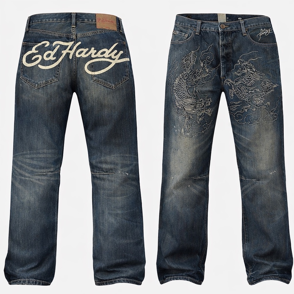 🔥 RARE 🔥 Ed Hardy 2009 Dragon Embroidered Denim Archive Y2K Size 40